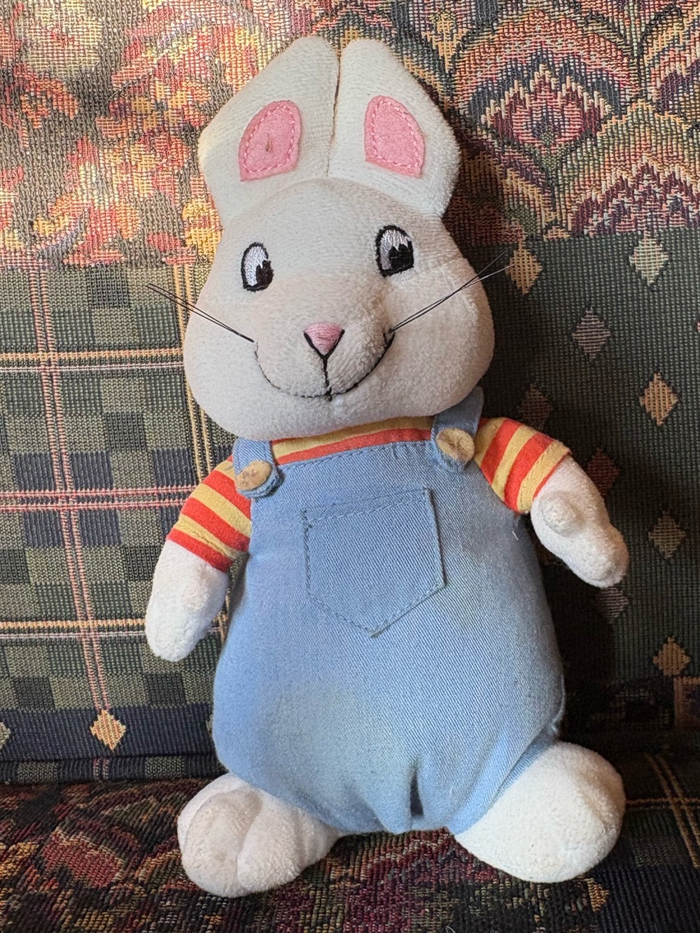 TY Beanie Baby Max Bunny Rabbit Plush 2010 Blue Overalls 8” Stuffed Animal